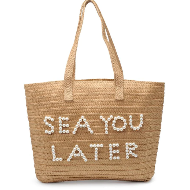Large Beach Straw Tote with Sea You Later